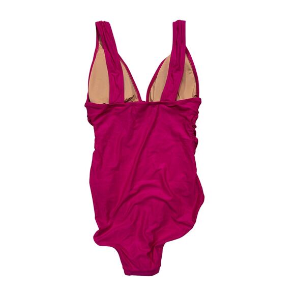 NWT J. Crew One Piece Swimsuit, Ruched Deep V-neck, Hot Pink, Sz 8 - Picture 4 of 5